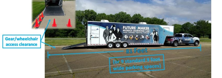 FutureMaker Mobile Learning Lab. Gear/wheelchair access clearance. The Moblie Lab is 81 feet or 9 standard 9 foot wide parking spaces. 